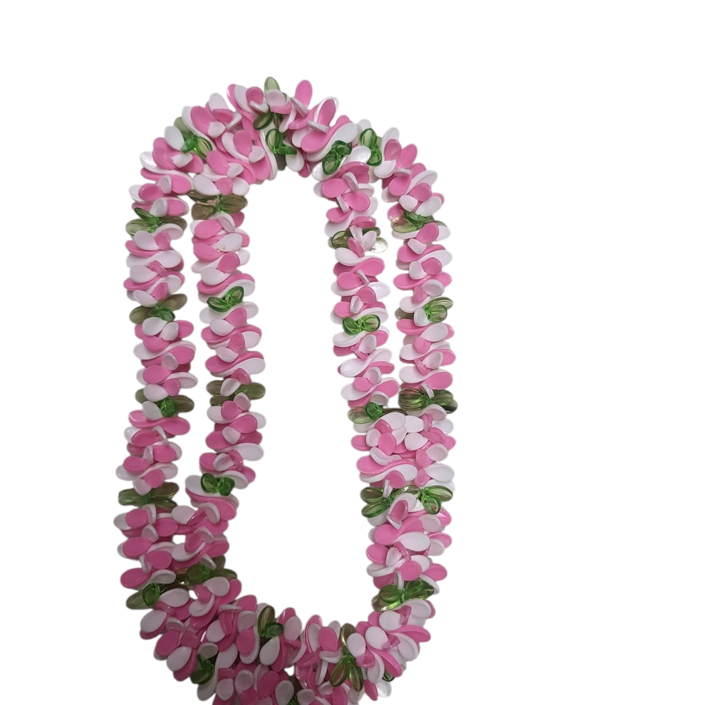 Vintage Pink , White and Green Floral Beaded Necklace